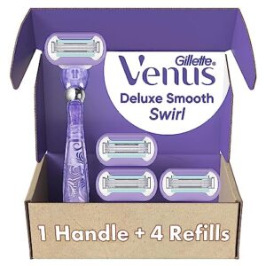 Gillette Venus Deluxe Smooth Swirl Women’s Razor Handle + 4 Blade Refills, Flexible Handle and Pivoting Head