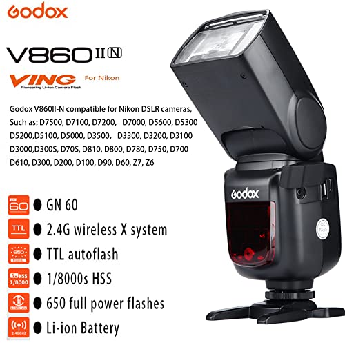 Godox V860II-N TTL Flash 2.4G GN60 1/8000s High-Speed-Sync Speedlite 650 Full Power Flashes Compatible with Nikon D800 D700 D7100 D7000 D5200 D5100 D5000 D300 D300S D3200 D3100 D3000 D200 (V860IIN) - Image 3