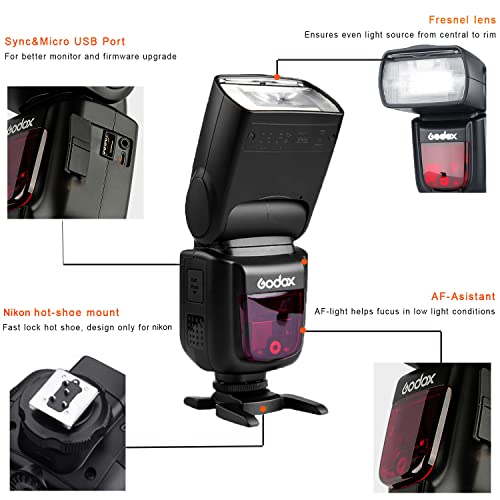 Godox V860II-N TTL Flash 2.4G GN60 1/8000s High-Speed-Sync Speedlite 650 Full Power Flashes Compatible with Nikon D800 D700 D7100 D7000 D5200 D5100 D5000 D300 D300S D3200 D3100 D3000 D200 (V860IIN) - Image 5