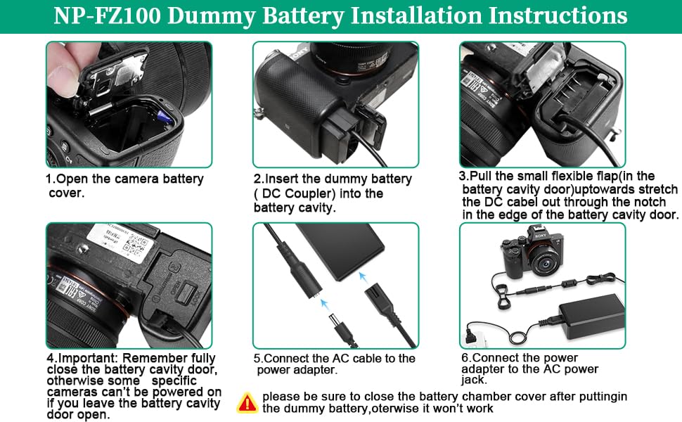 Gonine NP-FZ100 A7III A7IV Dummy Battery and NPFZ100 Continuous Power Supply Adapter Kit, Compatible with Sony Alpha A7III A7SIII A7IV FX3 A6700 A6600 ZV-E1 A7C A1 A7R3 A7R IV, A9 A9R A9S Cameras. - Image 4