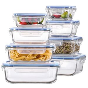 HOMBERKING 8 Pack Glass Food Storage Containers with Lids, Meal Prep Containers, Airtight Bento Boxes with Leak Proof Locking for Microwave, Oven, Freezer and Dishwasher, BPA Free, 5-35oz, Deep blue