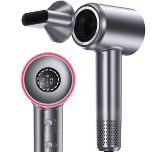 Hair Dryer, 1400W Negative Ionic Hair Dryer, Professional High Speed Hairdryer for Fast Drying, 3 Speeds and 5 Temps with HD Display, Low Noise Blow Dryer for Home Salon-Grey