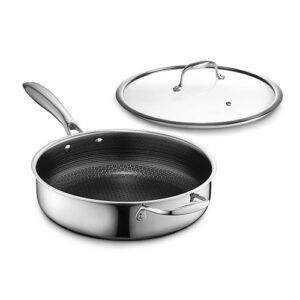 HexClad Hybrid Nonstick 3.3-Quart Deep Sauté Pan with Tempered Glass Lid, Stay-Cool Handle, Dishwasher-Friendly, Oven-Safe Up to 900°F, Induction Ready, Compatible with All Cooktops