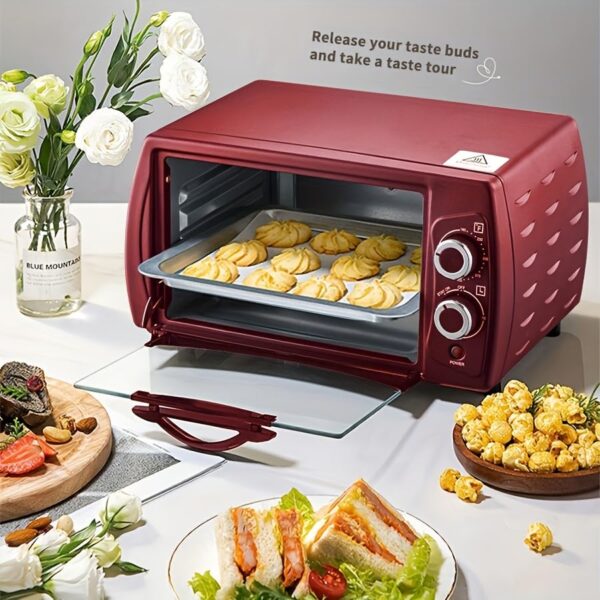 Home Baking Electric Oven 4-Slice Toaster Oven, Even Toast, 4 Cooking Functions Bake, Broil, Toast and Keep Warm, Removable Crumb Tray, Timer (Red) - Image 3