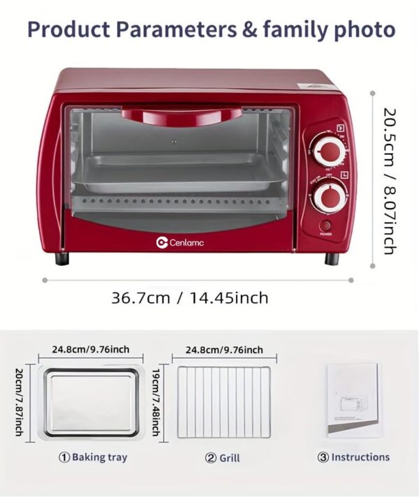 Home Baking Electric Oven 4-Slice Toaster Oven, Even Toast, 4 Cooking Functions Bake, Broil, Toast and Keep Warm, Removable Crumb Tray, Timer (Red) - Image 4