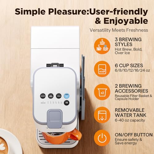 Hot & Iced Coffee Maker with Magnetic K-Pod Organizer (Pods Not Included), Stores 10 Pods, 4-5 Cups Coffee Maker & Single-serve Brewer for K Cup & Grounds, 40oz Removable Water Tank, White - Image 4