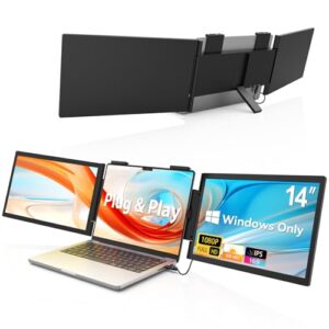 HotYeah Triple Laptop Screen Extender, (Windows Only) 14″ 1080P Dual Portable Extended Monitor, USB-C Travel Dsiplay w/Kickstand, Tri Screen Monitor for 14-16″ Laptop, One Cable Connection