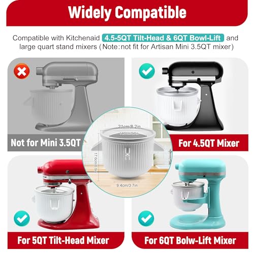 Ice-Cream-Maker-Attachment for Kitchen Aid, 2Qt IceCream Bowl Compatible with 4.5/5Qt and 6Qt KitchenAid Stand Mixers, Frozen Yogurt Ice Cream & Sorbet Gelato Maker, Not Fit Artisan Mini 3.5Qt Mixer - Image 3