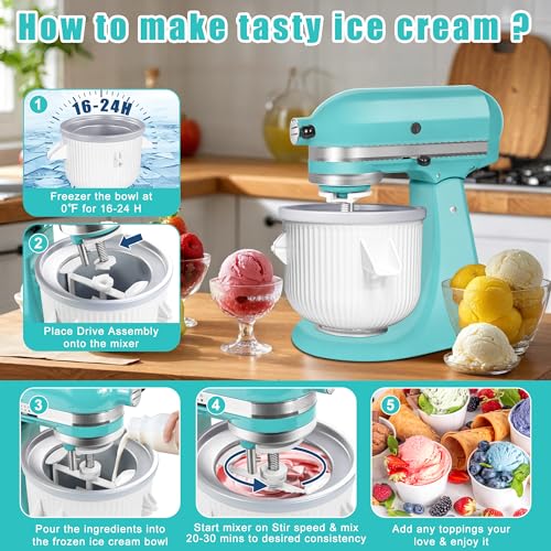 Ice Cream Maker Attachment for KitchenAid Stand Mixer, Kithcen aid Ice Cream Maker Attachment - Compatible with 4.5 QT and Larger Stand Mixers, 2-Quart Frozen Ice Cream Bowl for Homemade Frozen Treats - Image 4
