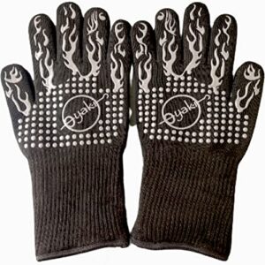 Insulated BBQ Heat Resistant Gloves – Neoprene & Polyester Barbecue Grilling Gloves with Silicone Pads for Gas Grill & Charcoal Grills Outdoor Cooking – 1400°F High Heat Fire BBQ Mittens by O-Yaki