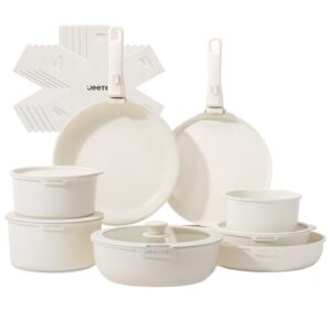 JEETEE Pots and Pans Set Non Stick 19 Pcs, Cookware Set Detachable Handle, RV Kitchen Cooking Set Removable Handles, Stackable Non-stick Set, Oven Safe, Beige