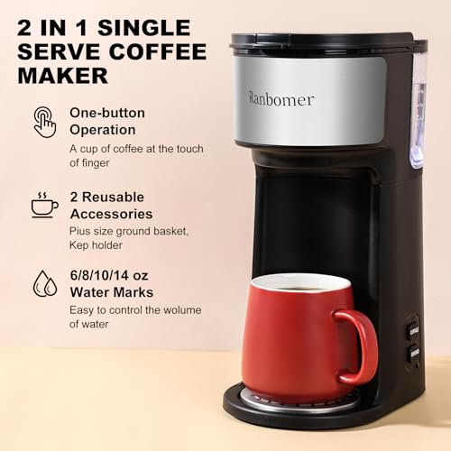 K Cup Coffee Maker, Single Serve coffee machine or Ground Coffee Machine 2 in 1, 6 to 14 Oz Brew Sizes, Mini One Cup Coffee Maker with Self cleaning Function, Fits Travel Mug, Black - Image 5