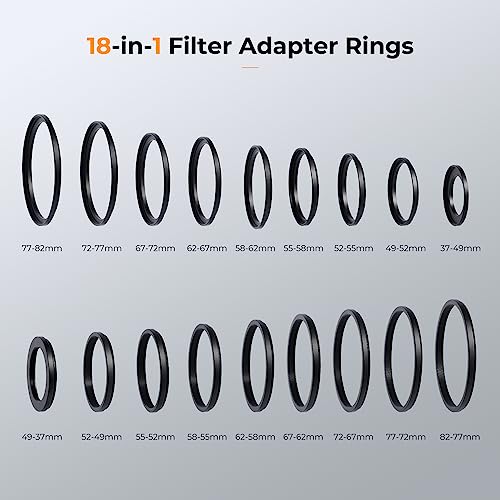 K&F Concept 18 Pieces Filter Ring Adapter Set, Camera Lens Filter Metal Stepping Rings Kit (Includes 9pcs Step Up Ring Set + 9pcs Step Down Ring Set) Black - Image 3