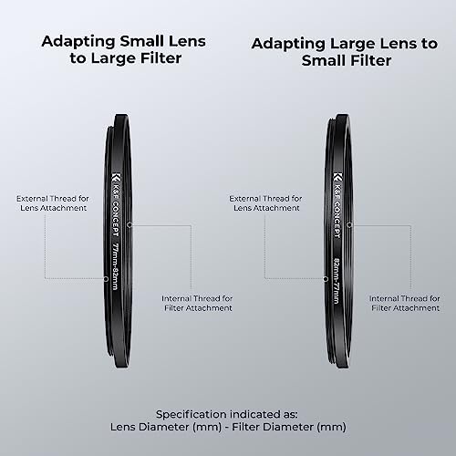 K&F Concept 18 Pieces Filter Ring Adapter Set, Camera Lens Filter Metal Stepping Rings Kit (Includes 9pcs Step Up Ring Set + 9pcs Step Down Ring Set) Black - Image 5