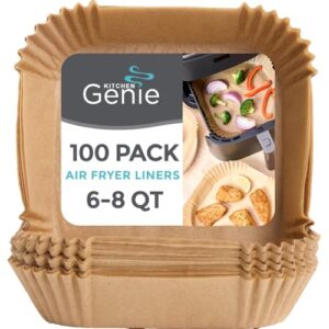 KITCHEN GENIE BPA-Free Air Fryer Liners Disposable, 100 PCS, Non-Stick Oil Proof Parchment Paper Sheets for Easy Clean Cooking, Fits 5-8 QT Basket, Microwave, Toaster Oven, Free of Bleach, 8 In Square