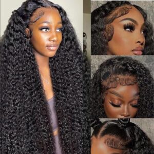 Keshon 13×5 Deep Wave Lace Front Wigs Human Hair 200% Density Deep Wave Frontal Wig Pre Plucked HD Transparent Full Lace Frontal Wigs Human Hair with Baby Hair Natural Color 28 inch