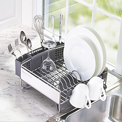 KitchenAid Compact Space Saving, Dish Rack with Removable Flatware Caddy and Angled Self Draining Drainboard, Satin Gray, 15-Inch-by-13.25-Inch - Image 3