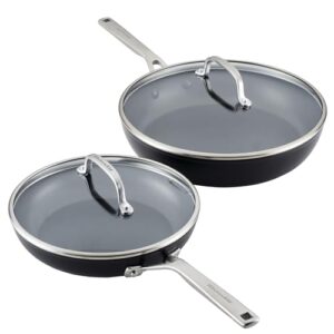KitchenAid Hard Anodized Induction Nonstick Frying Pan Set With Tempered Lids, 4-Piece – 10 & 12 Inch – Durable, Even Heating, Oven Safe to 500°F, Dishwasher Safe, Easy-Clean