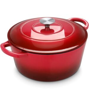 LIFERUN 6 Qt Enameled Cast Iron Dutch Oven Pot with Lid，Oven Safe up to 500° F, Non-Stick Dutch Oven with Dual Handles for Bread Baking, Fry Foods, Braising, Stews, Roasting (Red)