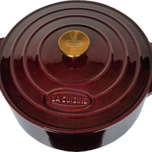 La Cuisine Enameled Cast Iron Dutch Oven Casserole Dish Pot with Lid, 5 QT 10.3“ /26cm Dia. Internal Matte Black Enamel Coating Gold-Plated SS Lid Handle Oven Safe up to 500° F, Cranberry