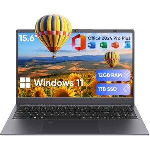 Laptop, 12GB LPDDR5 RAM 1TB SSD, Quad-Core N95 Processor Up to 3.4GHz, 15.6″ FHD IPS Display, Office Pro Plus 2024, WiFi 5, Laptop Computer with Fingerprint for Students and Business, Gray