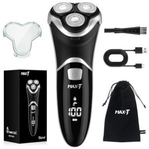 MAX-T Men’s Electric Shaver – Corded and Cordless Rechargeable 3D Rotary Shaver Razor for Men with Pop-up Sideburn Trimmer Wet and Dry Painless 100-240V Black (Metal Black)
