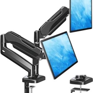 MOUNTUP Dual Monitor Stand for Desk, Pneumatic Monitor Arms for 2 Monitors Max 32 Inches, Height Adjustable Double Monitor Mount, VESA Mounts with C-Clamp & Grommet Base, Holds 4.4-17.6lbs, Black
