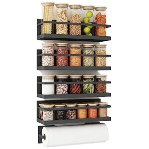 Magnetic Spice Rack for Refrigerator Magnetic Fridge Shelf for Kitchen Spice Organizer Magnetic Shelf for Fridge Space Saving Black 4 Pack with Magnetic Paper Towel Holder
