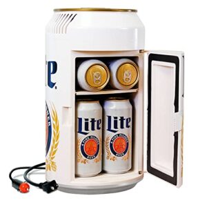 Miller Lite Mini Fridge – Refrigerator for Bedroom Office, Portable Table Top Beverage Cooler, 12V 110V Refrigerador For Drinks, Soda, Wines, Breast Milk, Use In Car, Outdoor, Patio, 8 Can