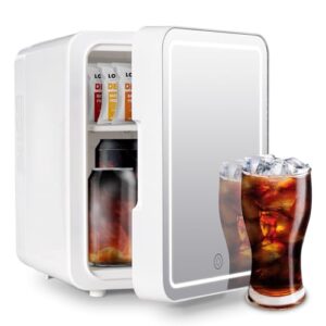 Mini Fridge Compact Refrigerators – 4L Small Refrigerator – Mirror Door Cosmetic Fridge with 3 Level Adjustable Light, Portable Mini Fridge and Personal Cooler (Off-White)