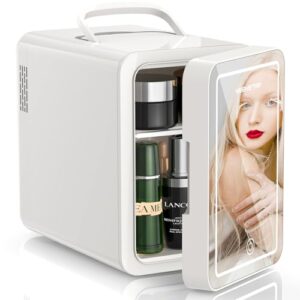 Mini Skincare Fridge (6L/8 Can) with Dimmable LED Mirror, Cooler & Warmer for Bedroom, Cosmetics, Office, Dorm and Car, Portable Personal Refrigerator for Cosmetics, Skincare and Food, White