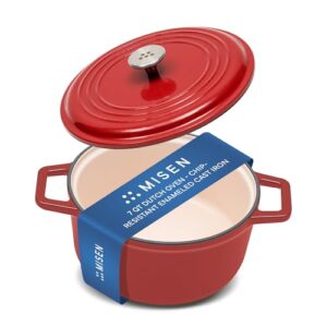 Misen 7 QT Enameled Cast Iron Dutch Oven – Chip-Resistant Enamel Coating – Thick Iron Core For Heat Retention – Large Cooking Surface – Oven Safe, Induction Compatible – Traditional Lid, Red