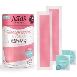 Nad’s Extra Long Wax Strips – Hair Removal For Women – Waxing Kit with 20 Large Wax Strips + 4 Calming Oil Wipes