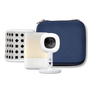 Nanit Travel Light Bundle Pro Camera with Portable Flex Stand, Sound + Light Audio Monitor & Baby Night Light, and Travel Case – Blue Oxford Edition