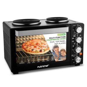 Nutrichef 30 Quart Kitchen Convection Oven & 2 Burner Cooker – 1500 Watt Oven – 7 Cook Functions Rotisserie, Cook, Bake, Broil & More – Includes Baking Tray, Skewers & Handles – 19.6 x 16.0 x 13.5 IN