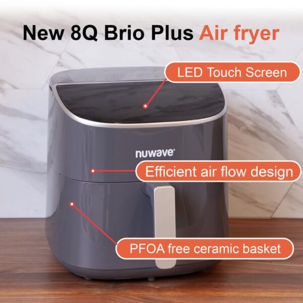Nuwave 8QT Brio Air Fryer Plus Cool Gray, Digital LED Touch Screen with Cool White Display, 50°F~400°F in Precise 5°, 3 Wattage Alternatives, 5 Cook Functions, 50 Memory, PFAS Free, New & Improved - Image 5