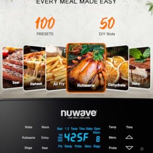 Nuwave Brio 15.5Qt Air Fryer Toaster Oven & Rotisserie Kit, 2024 New Advanced Turbo Convection Tech, Healthy PFAS Free, Max Even & Crisp, Powerful 1800W, 50-425°F, 150 Presets, Smart Probe, 4 Rack
