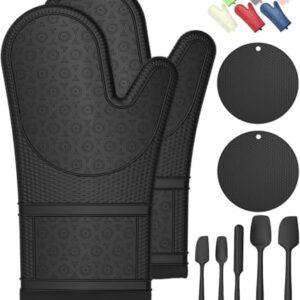 Oven Mitts with Heat-Resistant Hot Pads and Five Silicone Spatulas Designed for Kitchen Baking Cooking, Oven Glove Soft Cotton Lining, Waterproof, BPA-Free (Black, 12.6)