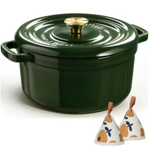 Overmont Enameled Cast Iron Dutch Oven – 5QT Pot with Lid Cookbook & Cotton Potholders – Heavy-Duty Cookware for Braising, Stews, Roasting, Bread Baking moss