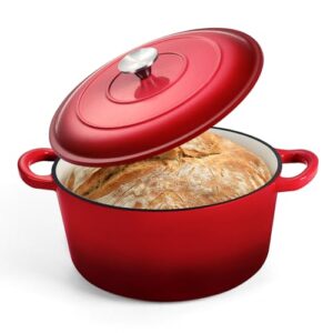 P&P CHEF Enameled Dutch Oven, Cast Iron Dutch Oven Pot with Lid for Bread Baking, Enameled Casserole Pot for Roasting Braising Stewing Frying Simmering, Various Stoves & Easy Clean (5QT, Red)