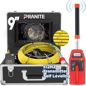 PRANITE 9” Sewer Camera With 512hz Locator, 100FT Self-Leveling Drain Inspection System, DVR Recorder, Photo Capture, IP68 Waterproof Endoscope (16GB SD Card)