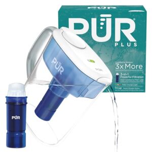 PUR Plus 11-Cup Water Pitcher, 1 Lead-Reducing Filter, Cleaner, Great-tasting Water, Dishwasher Safe, Powerful Filtration, Filter Change Light Indicator, LockFit Cap Design – White