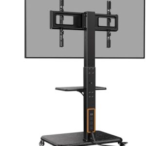 Perlegear Mobile TV Stand with Power Outlet, Tilt & Swivel Rolling TV Cart for 32 to 65 70 75 inch TVs up to 110 lbs, Height Adjustable Rolling TV Stand with Wheels, Max VESA 600x400mm, PGTVMC17
