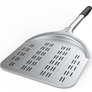 Pizza Peel – 12” Aluminum Perforated Launch Placement Retrieving Peel – Metal Hanging Hook – Lightweight Turning Peel – Non-stick Pizza Paddle – Outdoor Pizza Oven Accessories
