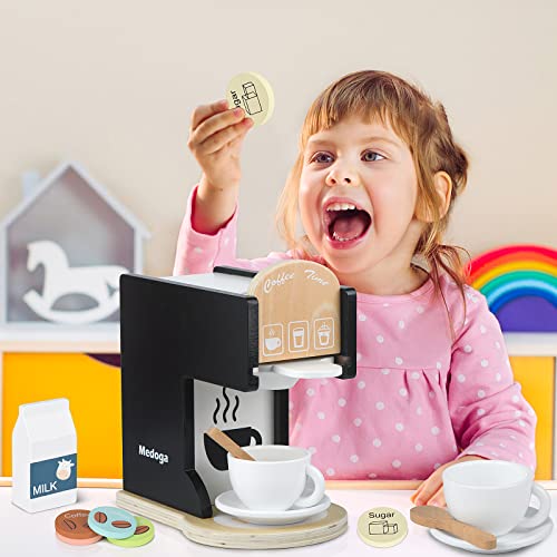Play Kitchen Accessories Kids Wooden Coffee Maker Toy Espresso Machine Toddler Toy Kitchen Sets for Girls and Boys (Coffee Maker) (Black) - Image 3