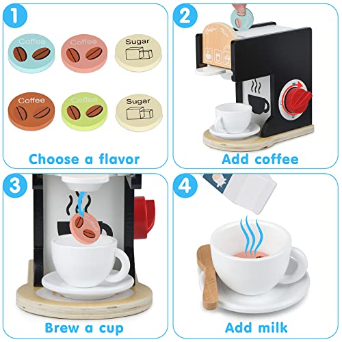 Play Kitchen Accessories Kids Wooden Coffee Maker Toy Espresso Machine Toddler Toy Kitchen Sets for Girls and Boys (Coffee Maker) (Black) - Image 7
