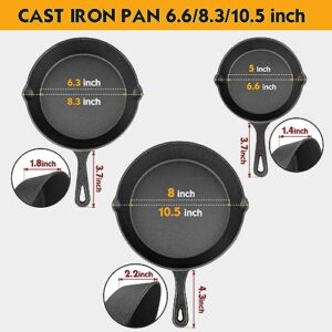 Cast Iron Skillet Set -3 Piece 6 inch, 8 inch and 10 inch Cast Iron Pan, with Scraper+Dish Sponge – Oven Grill Stovetop Safe Cookware – Black