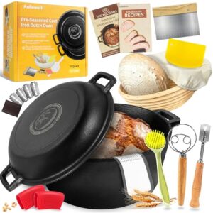 Pre-Seasoned Dutch Oven for Bread Baking, 5 QT Cast Iron Pot with Skillet Lid, Includes Sourdough Bread Baking Supplies Kit, Dutch Oven for Camping, Frying and Braising