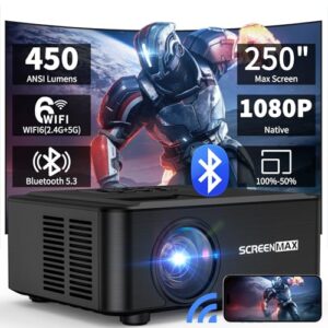 Projector with WIFI and Bluetooth, Native 1080P Bluetooth Projector, Full HD Portable Outdoor Movie Projector with Built-in Speaker, Compatible with Smartphone, HDMI, USB, Fire Stick for Home Cinema