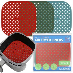 Reusable Square Silicone Air Fryer Liners (8.5 Inch, 3 Pack) by Linda’s Essentials – Non-Stick, Easy-Clean Accessories with Cheat Sheet & Recipe Book, Perfect for Quick Meals